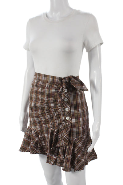 Veronica Beard Women Mini Skirt Brown Plaid Cotton Button Size 10