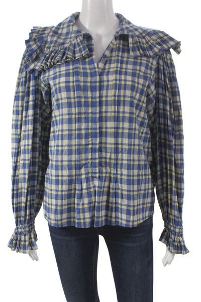 Laurence Bras Women Tunic Blouse Blue Plaid Cotton Longsleeve Size 34