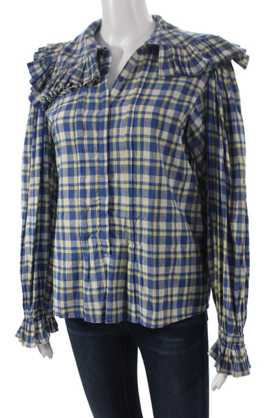 Laurence Bras Women Tunic Blouse Blue Plaid Cotton Longsleeve Size 34