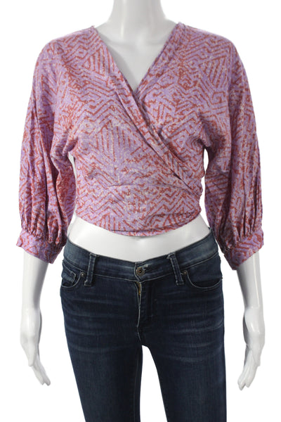Sika Womens Cropped Purple Cotton V-Neck African 3/4 Sleeve Blouse Size 4