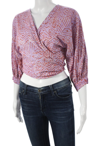 Sika Womens Cropped Purple Cotton V-Neck African 3/4 Sleeve Blouse Size 4