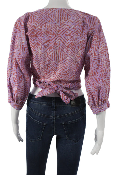 Sika Womens Cropped Purple Cotton V-Neck African 3/4 Sleeve Blouse Size 4