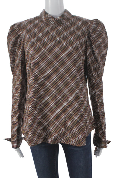 Veronica Beard Womens Plaid Collared Button Blouse Brown Long Sleeve Size 10