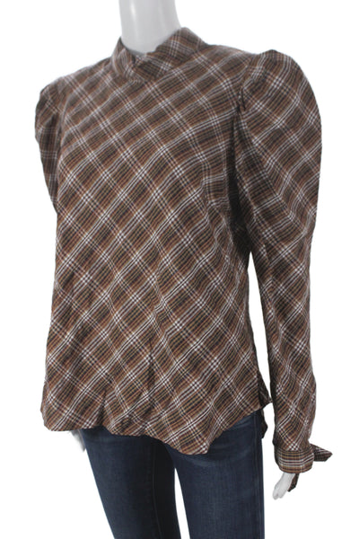 Veronica Beard Womens Plaid Collared Button Blouse Brown Long Sleeve Size 10