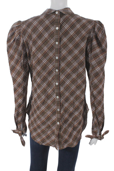 Veronica Beard Womens Plaid Collared Button Blouse Brown Long Sleeve Size 10