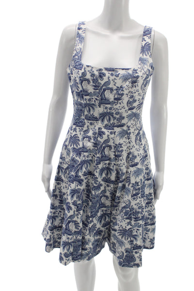 Staud Women Fit & Flare Dress Blue Toile Square Neck Sleeveless Cotton Size 8