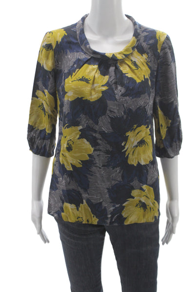 Boden Women Basic Floral Cowl Neck Blue Pullover 3/4 Sleeve Blouse Size 6