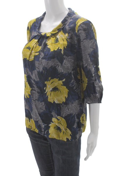 Boden Women Basic Floral Cowl Neck Blue Pullover 3/4 Sleeve Blouse Size 6