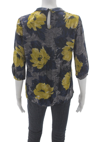 Boden Women Basic Floral Cowl Neck Blue Pullover 3/4 Sleeve Blouse Size 6