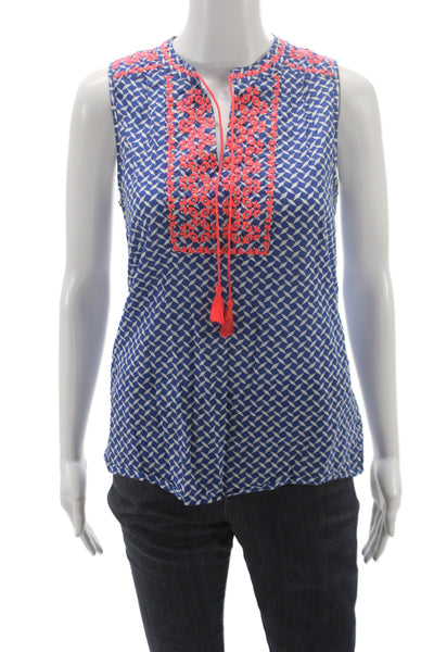 J Crew Womens Blue Geometric Cotton Henley Sleeveless Tunic Boho Size 00