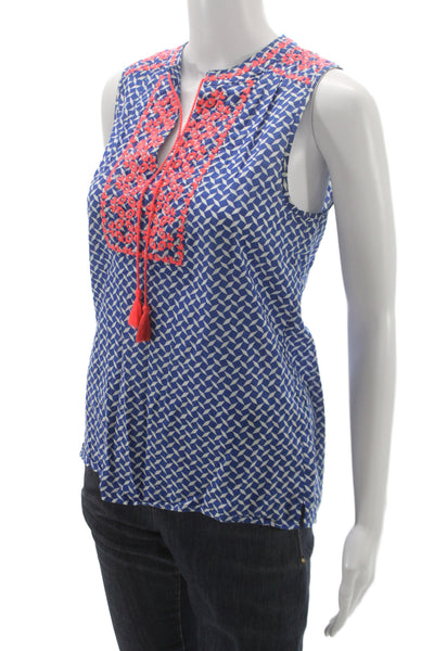 J Crew Womens Blue Geometric Cotton Henley Sleeveless Tunic Boho Size 00