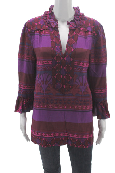 Tory Burch Women Silk Geometric V-Neck Tunic 3/4 Sleeve Zip Multicolor Size 12
