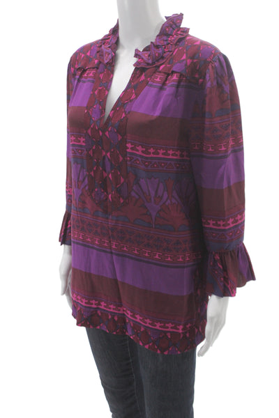 Tory Burch Women Silk Geometric V-Neck Tunic 3/4 Sleeve Zip Multicolor Size 12