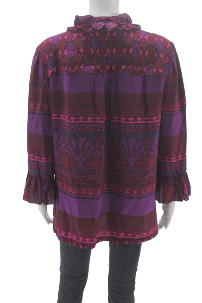 Tory Burch Women Silk Geometric V-Neck Tunic 3/4 Sleeve Zip Multicolor Size 12