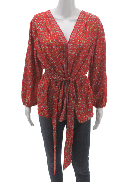 Max Studio Women Red Floral V-Neck Tunic Blouse Long Sleeve Polyester Size XL