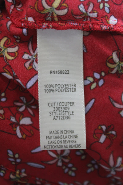 Max Studio Women Red Floral V-Neck Tunic Blouse Long Sleeve Polyester Size XL