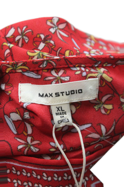 Max Studio Women Red Floral V-Neck Tunic Blouse Long Sleeve Polyester Size XL