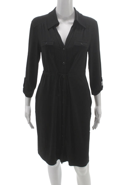 Carole Little Women Shirt Dress Black 3/4 Sleeve Collared Size 10