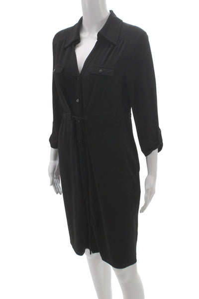 Carole Little Women Shirt Dress Black 3/4 Sleeve Collared Size 10