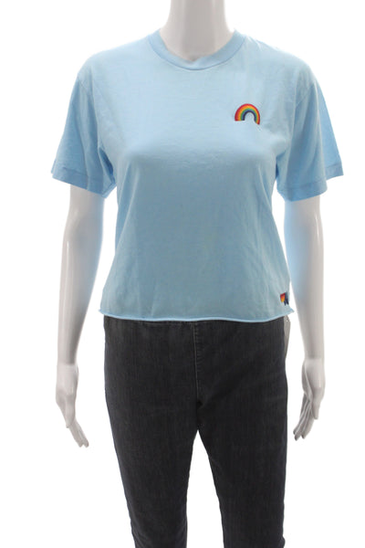 Aviator Nation Womens Cropped Blue Rainbow Tee Crewneck Short Sleeve Size S
