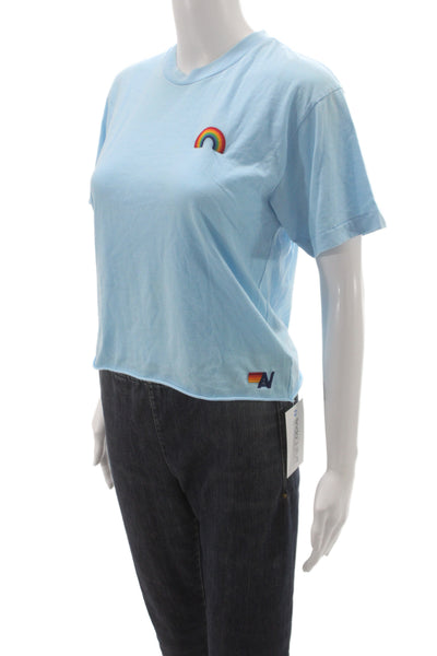 Aviator Nation Womens Cropped Blue Rainbow Tee Crewneck Short Sleeve Size S