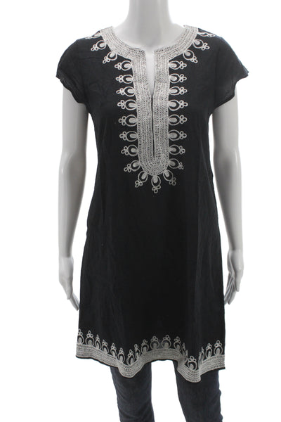 Calypso Womens Shift Dress Black Cotton V-Neck Short Sleeve Bohemian Size S