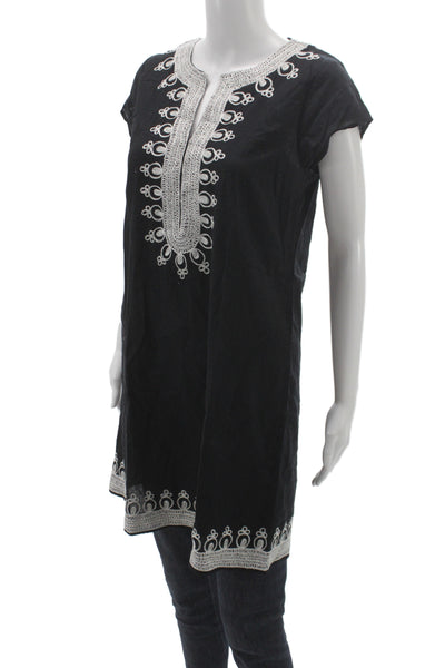 Calypso Womens Shift Dress Black Cotton V-Neck Short Sleeve Bohemian Size S