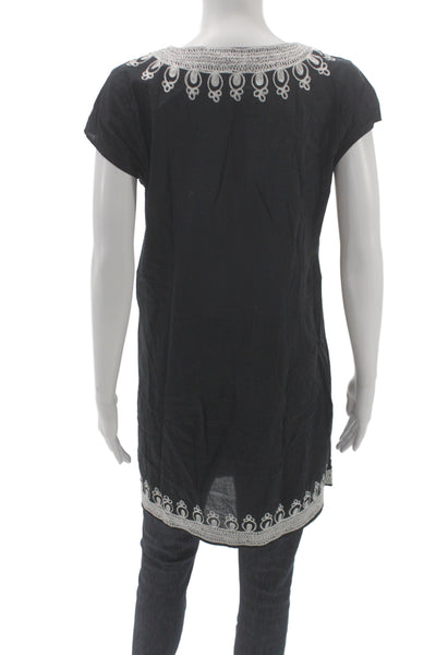 Calypso Womens Shift Dress Black Cotton V-Neck Short Sleeve Bohemian Size S