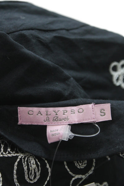 Calypso Womens Shift Dress Black Cotton V-Neck Short Sleeve Bohemian Size S