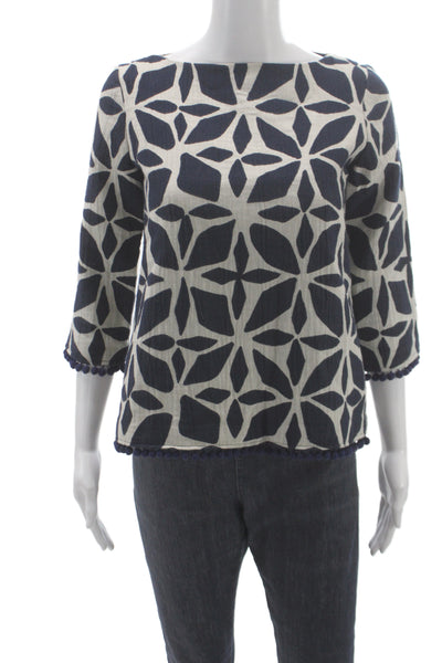 Designer Women Blue Geometric Cotton Boat Neck Basic Blouse 3/4 Sleeve Size M