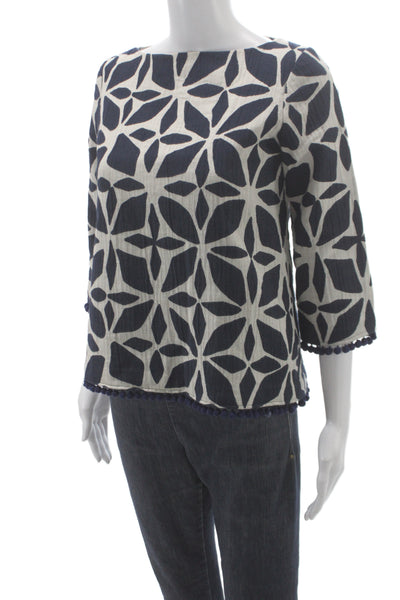 Designer Women Blue Geometric Cotton Boat Neck Basic Blouse 3/4 Sleeve Size M