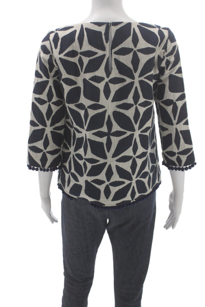 Designer Women Blue Geometric Cotton Boat Neck Basic Blouse 3/4 Sleeve Size M