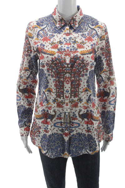J. Mclaughlin Women Collared Floral Peacock Cotton Button-Up Long Sleeve Size S