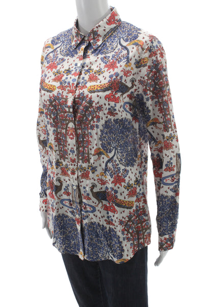 J. Mclaughlin Women Collared Floral Peacock Cotton Button-Up Long Sleeve Size S