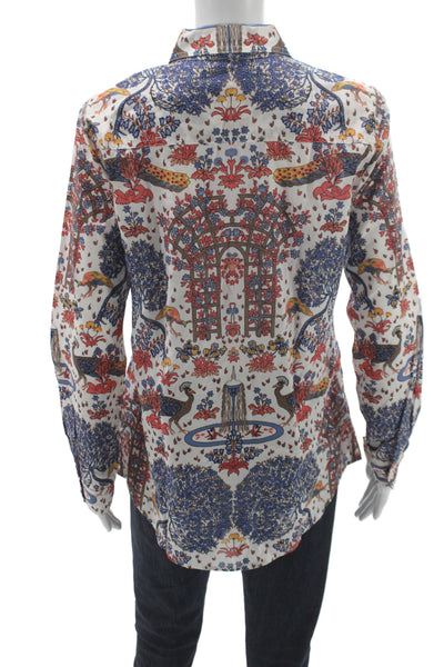 J. Mclaughlin Women Collared Floral Peacock Cotton Button-Up Long Sleeve Size S