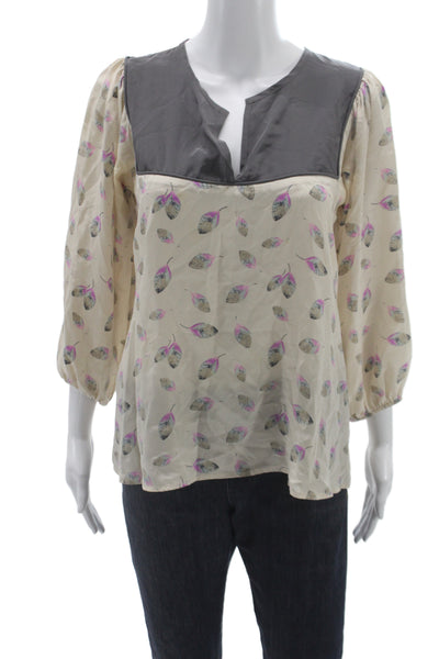 Tucker Womens Silk V Neck 3/4 Sleeve Tunic Blouse Beige Leaf Floral Size S