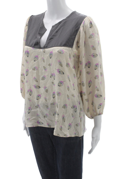 Tucker Womens Silk V Neck 3/4 Sleeve Tunic Blouse Beige Leaf Floral Size S
