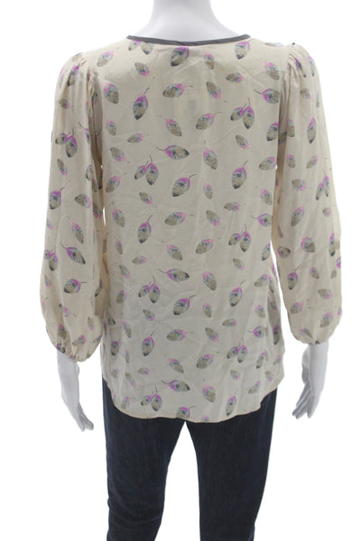 Tucker Womens Silk V Neck 3/4 Sleeve Tunic Blouse Beige Leaf Floral Size S