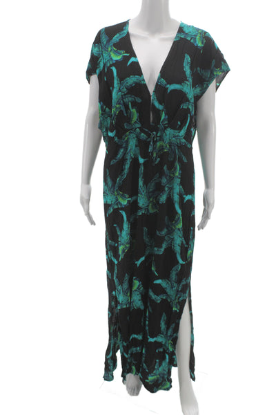 XIX Palms Womens Maxi Floral V Neck Midi Dress Black Rayon Short Sleeve Size 3