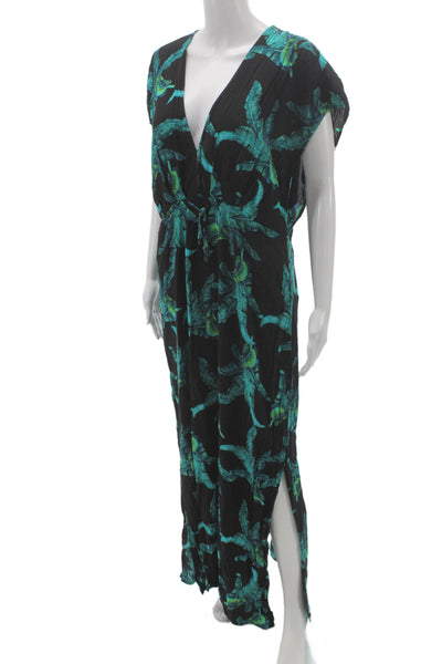 XIX Palms Womens Maxi Floral V Neck Midi Dress Black Rayon Short Sleeve Size 3