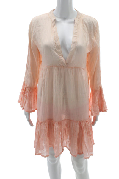 Helen Jon Women Shift Dress Pink 100% Cotton V-Neck Long Sleeve Short Size M
