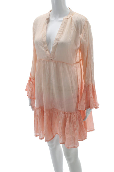 Helen Jon Women Shift Dress Pink 100% Cotton V-Neck Long Sleeve Short Size M