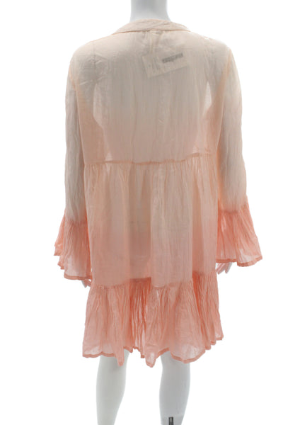 Helen Jon Women Shift Dress Pink 100% Cotton V-Neck Long Sleeve Short Size M