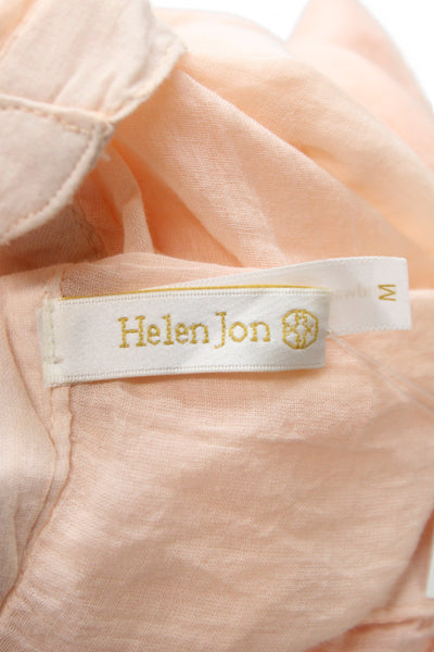Helen Jon Women Shift Dress Pink 100% Cotton V-Neck Long Sleeve Short Size M