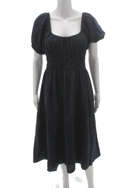 Designer Women Sundress Black Linen Square Neck Short Sleeve Bohemian Size M