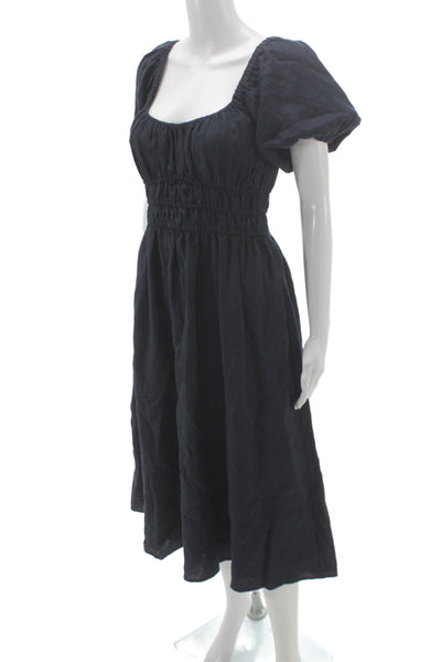 Designer Women Sundress Black Linen Square Neck Short Sleeve Bohemian Size M