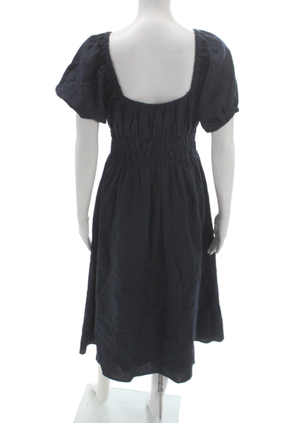 Designer Women Sundress Black Linen Square Neck Short Sleeve Bohemian Size M