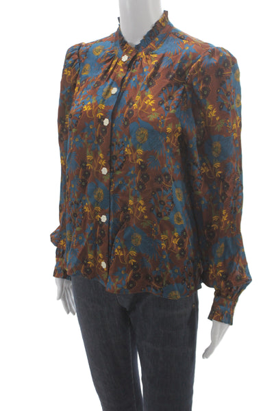 Cartolina Womens Basic Blue High Neck Long Sleeve Blouse Silk Blend Size S