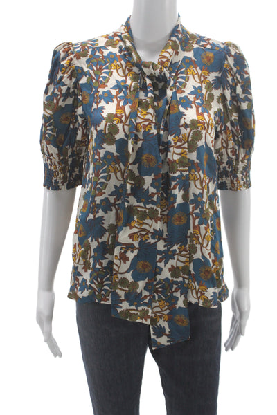 Cartolina Women Tunic Blouse Blue Floral Tie Short Sleeve Silk Size S