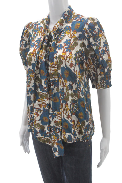 Cartolina Women Tunic Blouse Blue Floral Tie Short Sleeve Silk Size S
